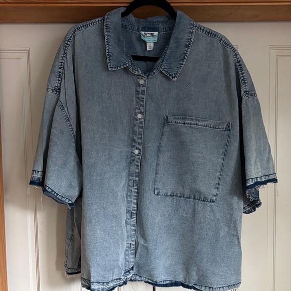 Future Collective Tops - Oversized Light Blue Denim Button-Up Top